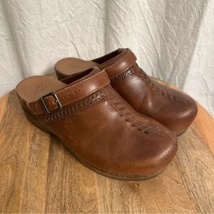 Dansko Brown Leather Clogs‎ Braided Women's Comfort Backless Heel Strap 40